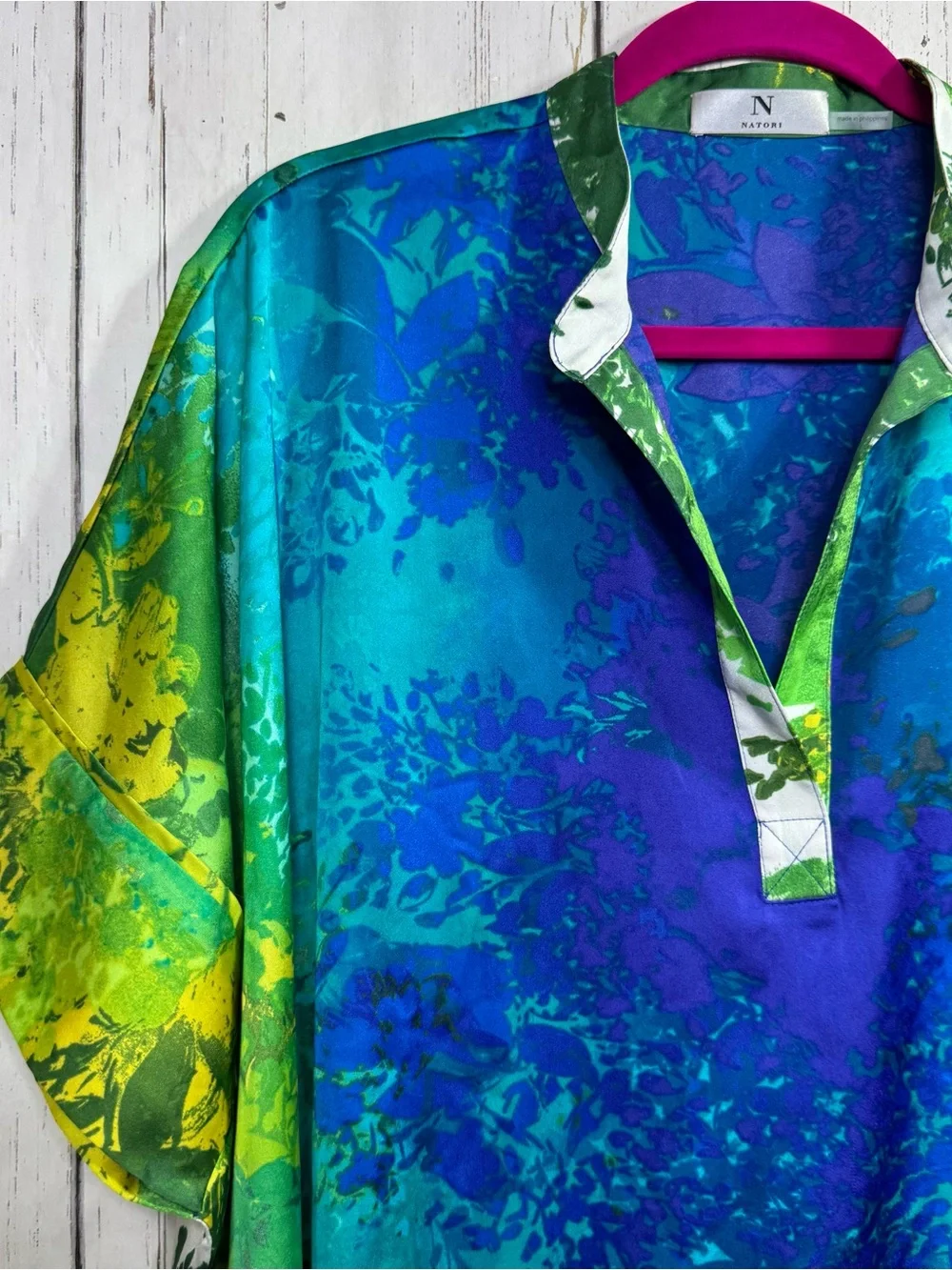 Natori Blue Green Abstract Swim Cover Up Size L Resort Beach Pool Dolman Sleeve